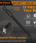 Premium Security Torx Bit Set With T Handle Ratchet Driver Forged From Industrial S2 Steel For Smooth Operation And Rust Proof Heavy Duty Grip. 13 piece set with T27 bit, magnetic tip, and hex shank.