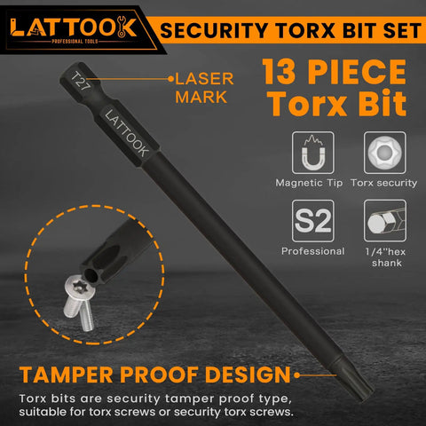 Premium Security Torx Bit Set With T Handle Ratchet Driver Forged From Industrial S2 Steel For Smooth Operation And Rust Proof Heavy Duty Grip. 13 piece set with T27 bit, magnetic tip, and hex shank.