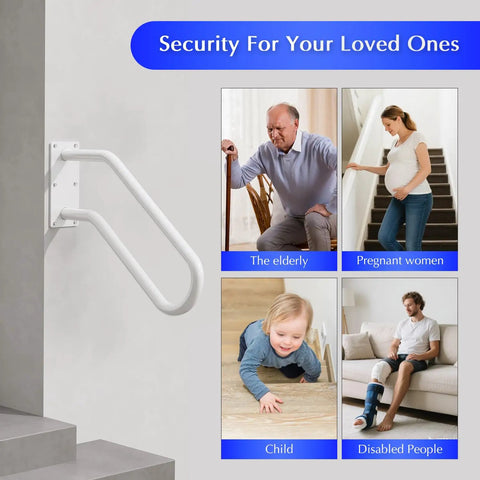 Heavy Duty Iron Wall Mount Stair Hand Rail With A Hella Strong Non Slip Grip For Outdoor Steps Or Bathroom Porch Classic White Finish installed for elderly, pregnant women, child, and disabled use.