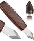 Dual Beveled Wood Marking Knife With Bombproof Beech Handle And Hella Sharp Vanadium Steel Core angled view with leather pouch.