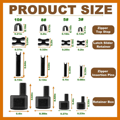 Product size chart for 144 Piece Universal Zipper Repair Kit For Everyday Use A Must Have With Four Zipper Sizes 3 5 8 10