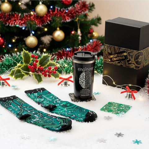 All In One Engineer Gift Set For Men with 17 Oz Stainless Steel Tumbler, Circuit Board Cup Mats, and Cool Circuit Socks displayed.
