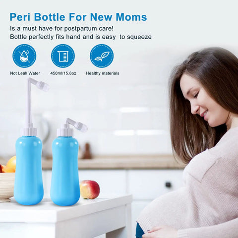 Blue peri bottle for new moms on table next to pregnant woman; 450ml capacity and easy-squeeze design.