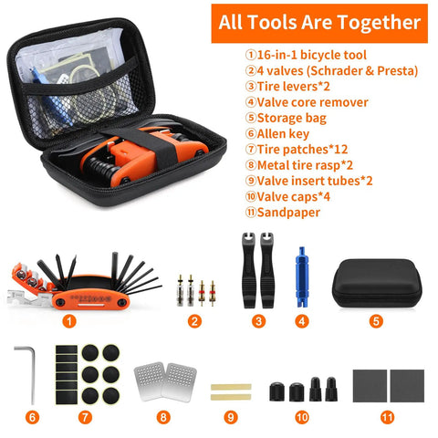 Bike Repair Kit 16 In 1 Multitool Portable Bicycle Tools With Tire Patch Kit for mountain and road bikes in open case