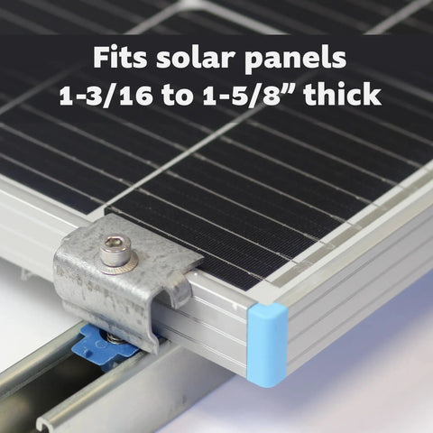 SPEC158 5 Pack Solar Panel End Clamps for 1-5/8 In Steel Strut Channel With Cone Nuts, showing installed clamp on panel