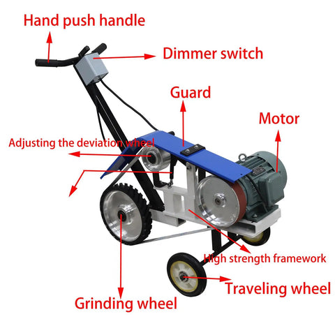 Heavy Duty Hand Push Belt Sander 75 To 82 Inch Flatbed Grinding Polishing Machine detailed view showcasing components like motor, grinding wheel, and frame.