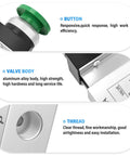 Details of Green Mushroom Push Button Pneumatic Valve with manual control, showing button, valve body, and NPT thread features.