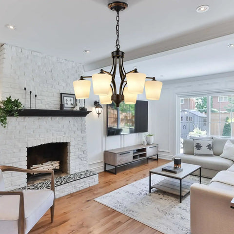 Living room with Six Light Large Chandelier With Alabaster Glass Shades In Oil Rubbed Bronze Finish, rustic farmhouse style.