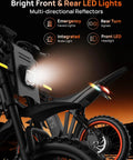 Close-up of Beast 1500W Electric Dirt Bike With 48V 20Ah Battery showcasing front and rear LED lights against sunset background.