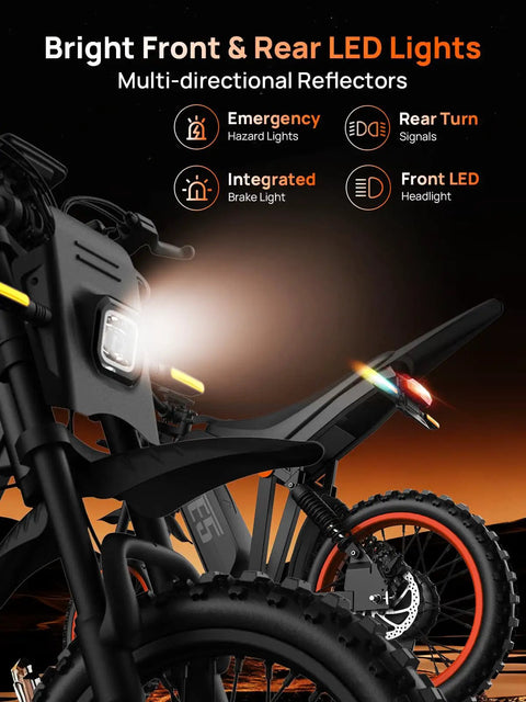 Close-up of Beast 1500W Electric Dirt Bike With 48V 20Ah Battery showcasing front and rear LED lights against sunset background.