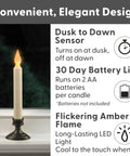 Set Of Four Battery Operated LED Window Candles With Dusk To Dawn Sensor Amber Flicker Flame Aged Bronze Base Uses Two AA Batteries Per Candle Lasts Up To Thirty Days For Cozy Home Ambiance candle with features list.