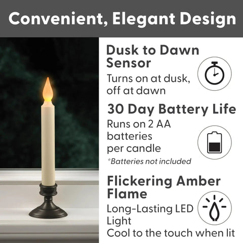 Set Of Four Battery Operated LED Window Candles With Dusk To Dawn Sensor Amber Flicker Flame Aged Bronze Base Uses Two AA Batteries Per Candle Lasts Up To Thirty Days For Cozy Home Ambiance candle with features list.