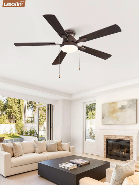 LEDIARY 52inch Ceiling Fans with Light Pull Chain and Remote Control Brown, mounted in modern living room with white decor.