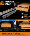 Heavy Duty 20 Inch Locking Drawer Slides With One Side Release For Easy One Hand Access Wide Pull Outs Fully Locking And Fully Extending Great For Trucks RVs Vans And Mobile Storage Solutions, shown in a van drawer system