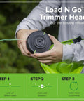 Hands holding Load N GoTM trimmer head with green line for Heavy Duty 40V Cordless String Trimmer With Brushless Motor Variable Speed And 17 Inch Cutter Dual Line Bump Head Plus 5Ah Battery For Knocking Out Thick Weeds Nailing Sharp Edges Smoothly Daily.