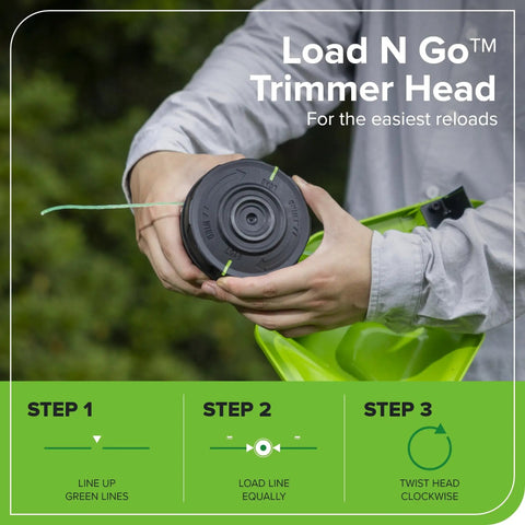 Hands holding Load N GoTM trimmer head with green line for Heavy Duty 40V Cordless String Trimmer With Brushless Motor Variable Speed And 17 Inch Cutter Dual Line Bump Head Plus 5Ah Battery For Knocking Out Thick Weeds Nailing Sharp Edges Smoothly Daily.