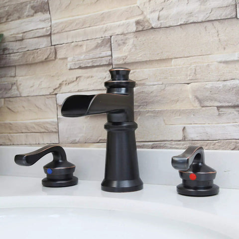 Oil rubbed bronze waterfall style widespread bathroom faucet with 8-16 inch mounting, three holes, two handles, pop up drain