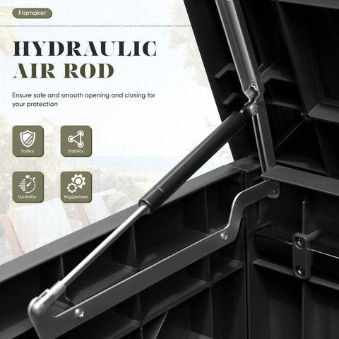 Hydraulic air rod inside 120 Gallon Resin Deck Box Waterproof Outdoor Storage Box For Patio Furniture, Garden Tools And Pool Gear