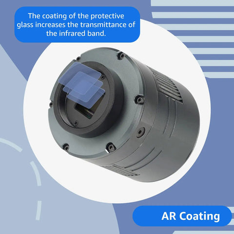 605CC Cooled Astrophotography Camera highlighting AR coating and protective glass for infrared transmittance, 9MP IMX533 sensor