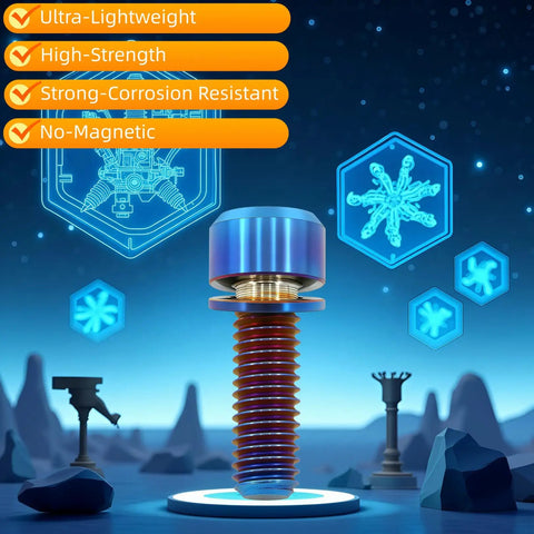 Professional Grade Titanium Hex Head Bolts M6 X 18 mm With Flat Washers In Sharp Burnt Blue Anodized Finish For Badass Bicycle And Motorcycle Gear Including Matching Hardware Kits For Quick Installation On Daily Riders, displayed with high-strength attributes.
