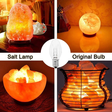 Collage of Himalayan salt lamps with 15W C7 Replacement Bulbs For Wax Warmers Night Lights Salt Lamps And Candle Warmers 120V Dimmable Warm White showing light diffusion.