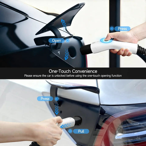 Close-up of Tesla Level 2 EV Charger With 40 Amp 240V NEMA 14-50 Plug being connected to the car's charging port.