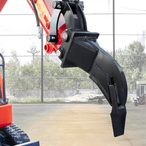 Pro Grade Mini Excavator Attachments Kit With Narrow Bucket Ripper Rake Auger Grapple Quick Hitch Screening Bucket Eight Piece Set For Compact Excavators US Stock Ready To Ship From Local Warehouse showing metal ripper tool attached to arm