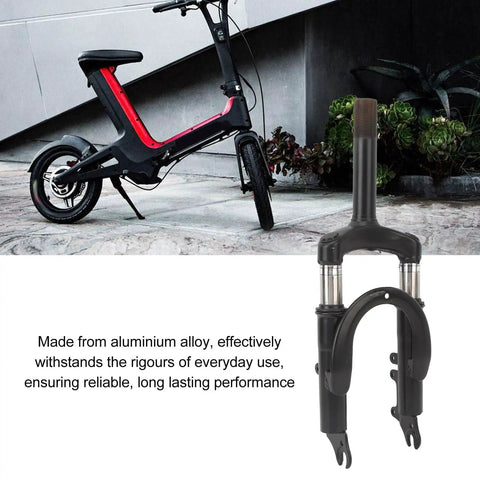 Hydraulic Suspension Fork For Electric Scooters, 14 Inch Front Shock Absorber displayed beside an electric scooter