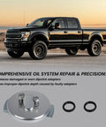 Ford 7.3L Powerstroke Dipstick Adapter Repair Kit next to F-series truck, showing silver finish and O-rings for 1994 to 2003