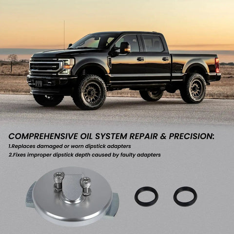 Ford 7.3L Powerstroke Dipstick Adapter Repair Kit next to F-series truck, showing silver finish and O-rings for 1994 to 2003