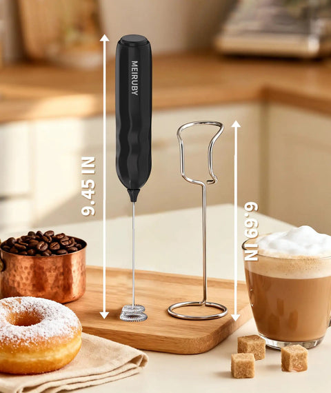 Two Pack Handheld Milk Frother With Stand For Lattes Cappuccinos Matcha And Hot Chocolate Go To Valentines Day Gift For Him And Her Black And White shown on kitchen counter