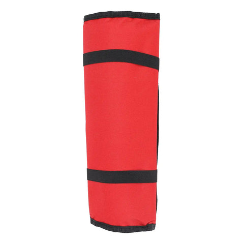 Side view of a rolled Multifunctional Chef Knife Roll Bag With 20 Slots For Home Kitchen Travel And Camping in canvas red.