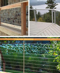 Various deck railings showcasing One Eighth Inch T316 Stainless Steel Cable With Cutter, 600 Foot Aircraft Wire Rope For Deck Railing Hardware Kit, Wood Post Compatible, 7x7 Strand Construction, Go-To DIY Balustrades, Heavy-Duty Marine-Grade, Corrosion Resistant in outdoor settings.