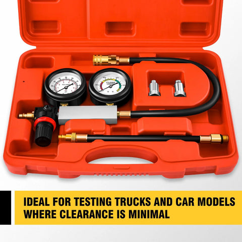 DNA Motoring TU-21 cylinder leak-down tester kit with dual gauges in orange case, includes hoses and adapters.