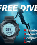 Scuba Diving Computer Watch With 100M Water Resistance LED Backlight And Easy Read Display For Night Dives shown with diver silhouette.