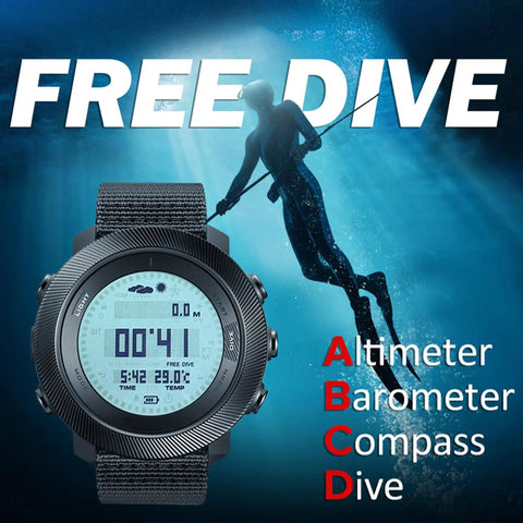 Scuba Diving Computer Watch With 100M Water Resistance LED Backlight And Easy Read Display For Night Dives shown with diver silhouette.
