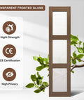 Bifold Glass Barn Door Kit With Hardware 3 Panel Frosted Glass Slab In Brown Wood Grain PVC, shown against white wall with plant