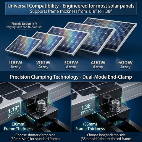 Rock Solid Solar Panel Mounting Kit With 10 Aluminum Rails 4 Mid Clamps And 6 End Clamps fits 1.18 and 1.38 inch panels clamping technology