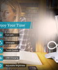 Clip On Reading Light With USB Rechargeable Power Eye Protection 24 LED Flexible Neck Night Bed Lamp illuminating a desk with open book