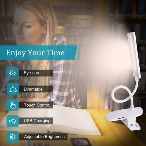 Clip On Reading Light With USB Rechargeable Power Eye Protection 24 LED Flexible Neck Night Bed Lamp illuminating a desk with open book