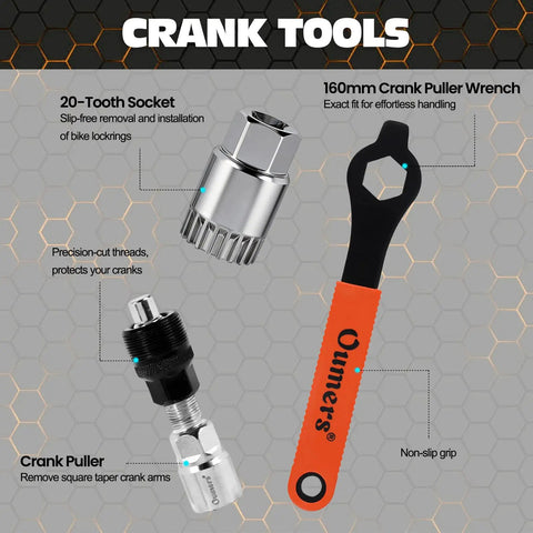 Heavy Duty Bike Crank Extractor And Bottom Bracket Removal Tool With Sixteen Millimeter Spanner For Twenty Tooth Splined Bottom Bracket Pro Grade Steel Fits Most Brands Square Taper Cranks Essential Pro Bicycle Repair Kit shown with components labeled