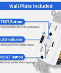 Rock Solid White 15 Amp GFCI Outlet With USB A Plus Type C Charging Ports Tamper Resistant Self Testing Electrical Receptacle showing buttons and LED indicator.