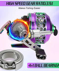 Spincast Fishing Reel With High Speed Three Point Nine To One Gear Ratio Push Button Bait Cast Design Reversible Handle
