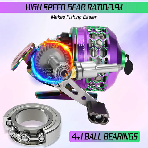Spincast Fishing Reel With High Speed Three Point Nine To One Gear Ratio Push Button Bait Cast Design Reversible Handle
