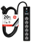 Six Outlet Surge Protector With A 20 Foot Extension Cord For Your Home Office, Workshop Or Garage, A Real Power Hub With 800 Joules Of Protection, Flat Plug Design, Twist To Close Safety Covers, Protected Indicator Light, UL Listed, Black displayed in pack with cable looped and visible plug.