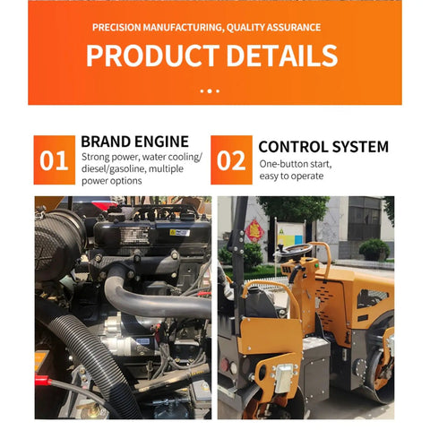 Heavy Duty 800kg Hydraulic Double Drum Vibratory Road Roller features brand engine and control system for pavement repair.