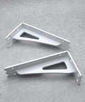 Rock Solid Heavy Duty Floating Shelf Brackets Set Two Pieces Industrial Wall Mounted L Braces Built Tough Thickened Steel zero flex L support, white color.