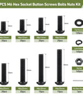M6 Bolt Kit with hex socket button head screws, nuts, washers, lock washers; displayed with dimensions and quantities.