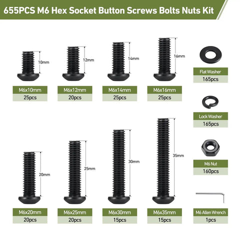 M6 Bolt Kit with hex socket button head screws, nuts, washers, lock washers; displayed with dimensions and quantities.