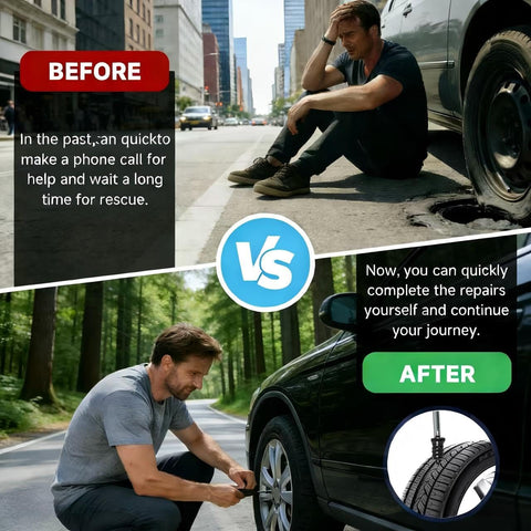 Comparison of car tire repair before and after using 60 Piece Tire Repair Kit With Rubber Nails And Screw Plugs, Includes Screwdriver